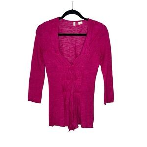 Anthropologie Moth Fuchsia 3/4 sleeve gathered front cardigan sweater size Small